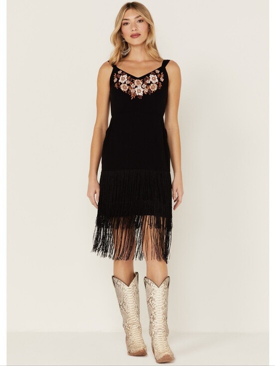 Idyllwind Dresses & Skirts - Idyllwind Miranda Lambert Black Floral Embroidered Fringe Mini Dress Medium